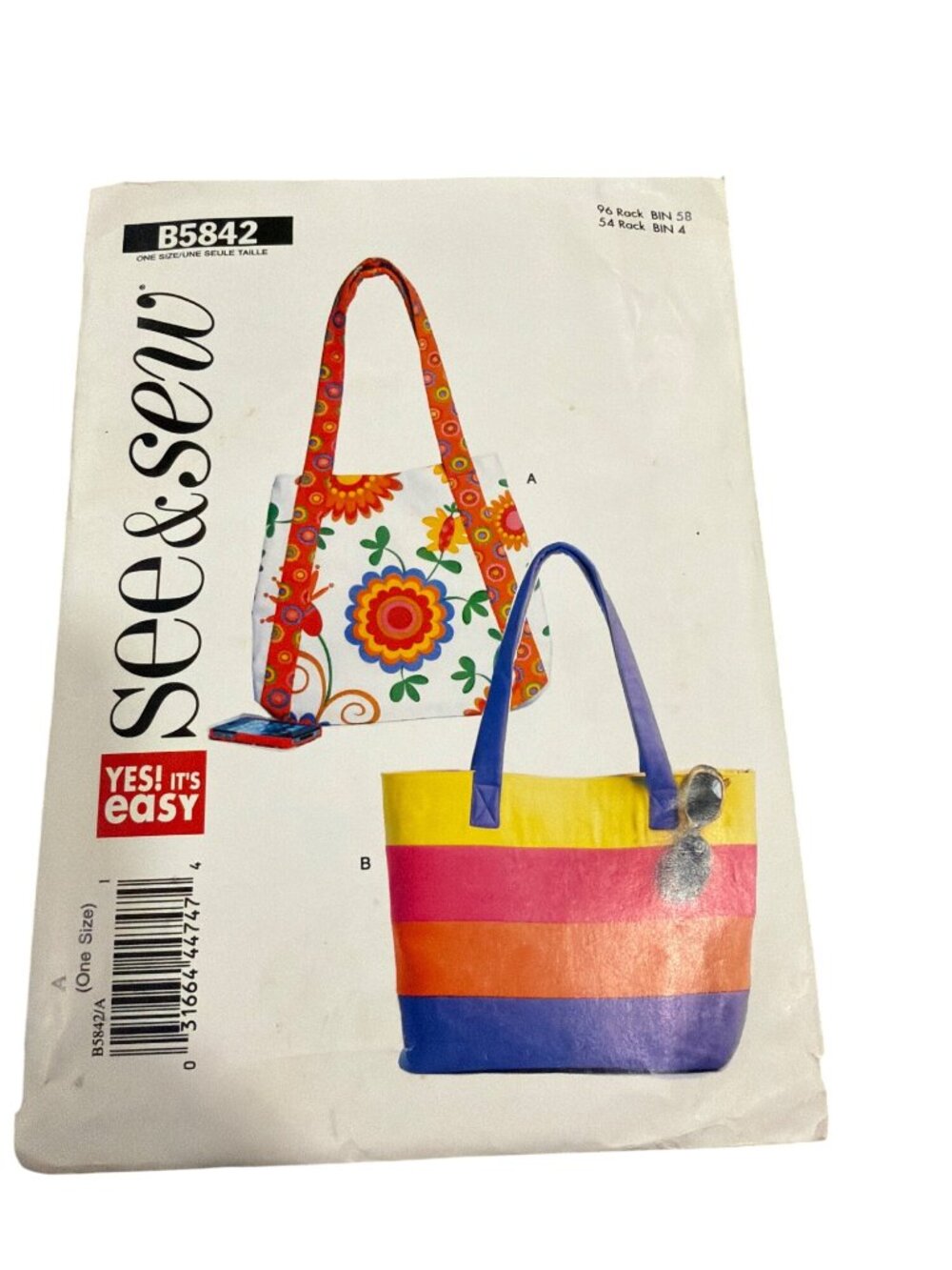 Butterick See & Sew Tote Bag Sewing Pattern B5842 One Size